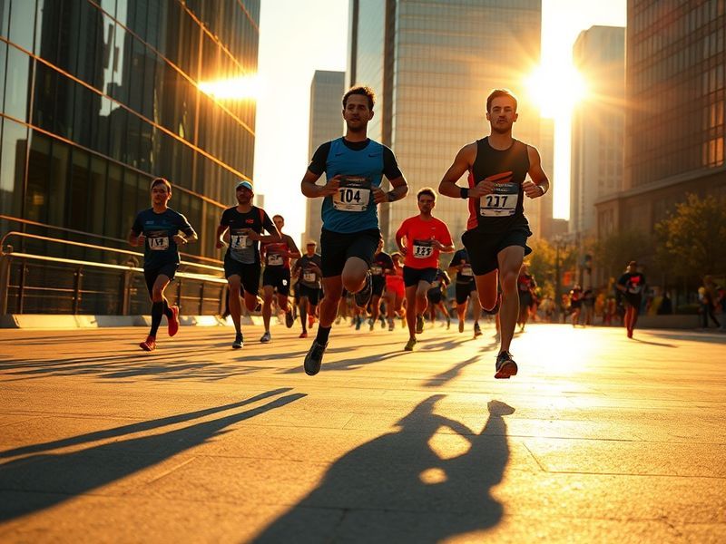 A vibrant action shot of runners crossing the finish line of the Glass City Marathon in Toledo, Ohio. The scene includes the