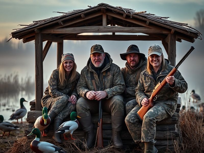 A vibrant scene of the Robertson family in camo gear, standing in a Louisiana swamp surrounded by duck hunting gear, with a d
