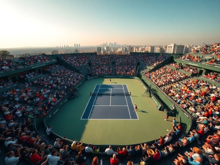 A vibrant shot of the Caja Mágica stadium during a high-stakes match, with red clay courts visible in the foreground. The ima