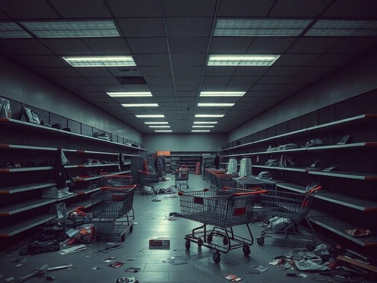 A split-view image showing a corporate liquidation sale on one side and a bustling global marketplace on the other, with a fo