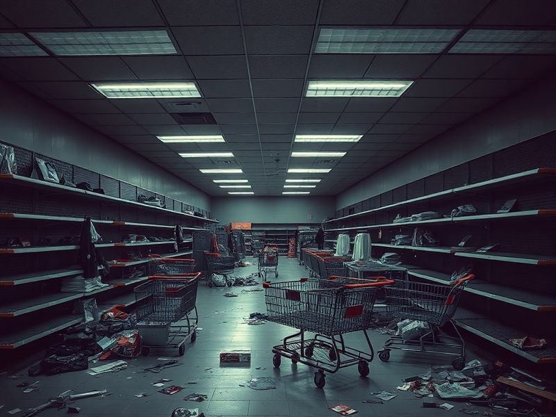 A split-view image showing a corporate liquidation sale on one side and a bustling global marketplace on the other, with a fo