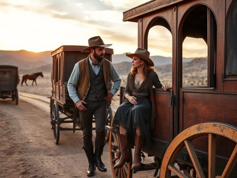 A vibrant outdoor stage at Stagecoach Festival with Theo Von and Ella Langley performing under golden-hour lighting, surround