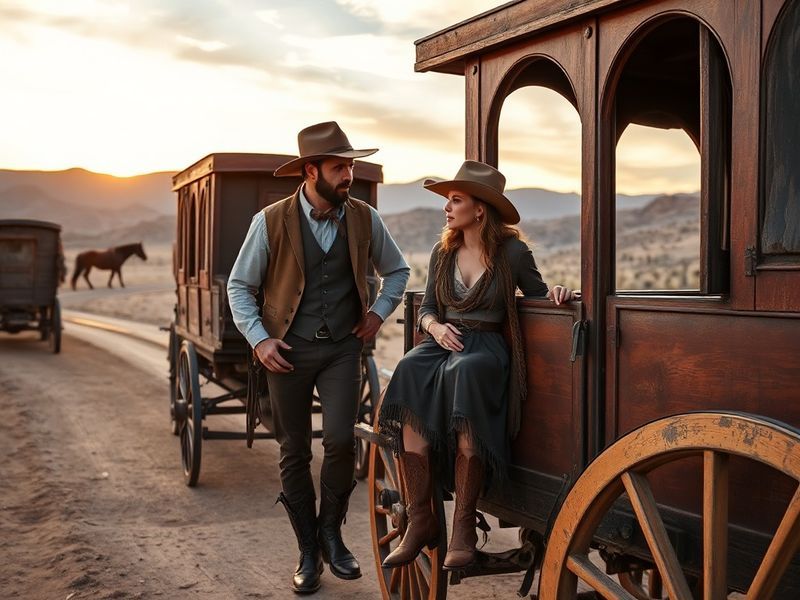 A vibrant outdoor stage at Stagecoach Festival with Theo Von and Ella Langley performing under golden-hour lighting, surround