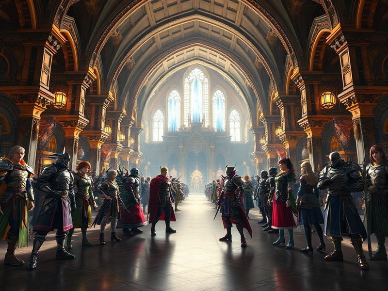 A cinematic scene from Final Fantasy XIV showing the Warrior of Light standing atop a cliff in the game’s lush, fantasy world