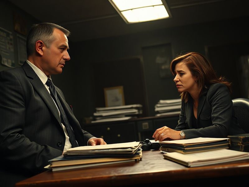 A split-screen image of the SVU squad in a dark precinct office with neon lights and case files, showing Olivia Benson lookin