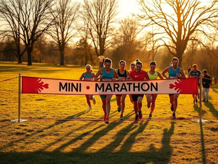 A vibrant scene of a diverse group of runners crossing the finish line of a 5K mini marathon on a city street, with confetti