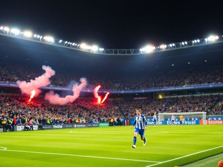 A vibrant stadium atmosphere at Estadio Carlos Tartiere with Real Oviedo fans waving flags and scarves, while Elche CF player