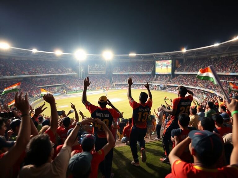 A vibrant IPL stadium setting at night with LSG and KKR players in action, showcasing the intensity of their rivalry. The cro