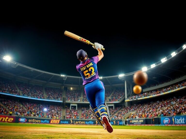 A vibrant cricket stadium under floodlights with players from KKR and LSG shaking hands after the match, capturing the sports