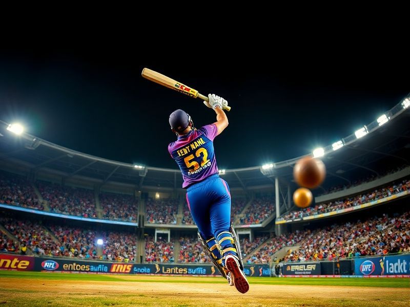 A vibrant cricket stadium under floodlights with players from KKR and LSG shaking hands after the match, capturing the sports
