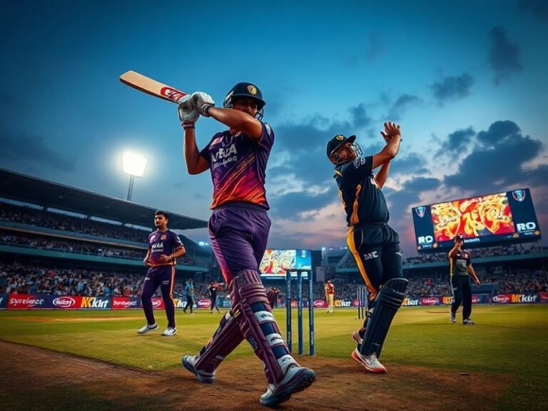 A high-energy cricket match between LSG and KKR, featuring KL Rahul batting for LSG and Andre Russell hitting a six for KKR u