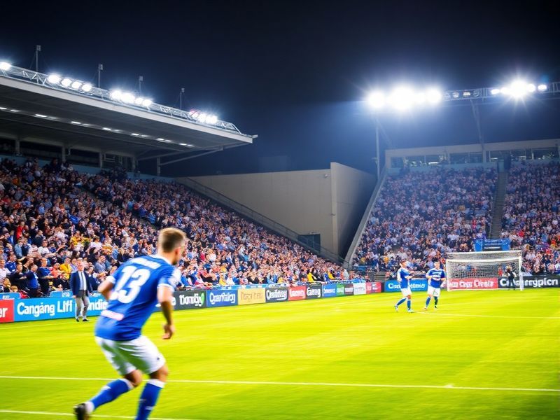 A packed Estadio Carlos Tartiere with Real Oviedo players celebrating a goal against Elche CF, under floodlights with Asturia