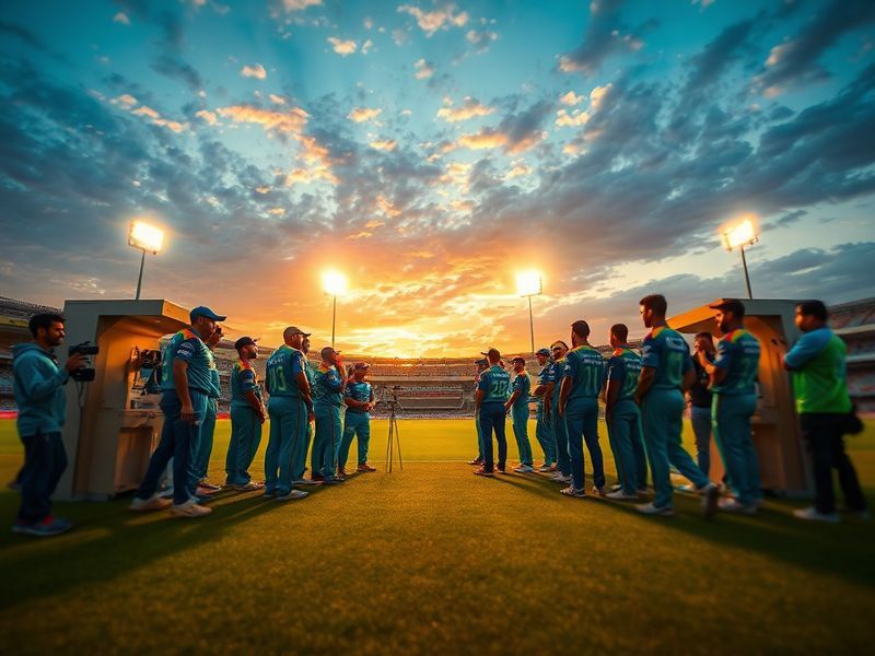 A high-energy cricket match between Multan Sultans and Islamabad United, with players in green and blue jerseys, a packed sta