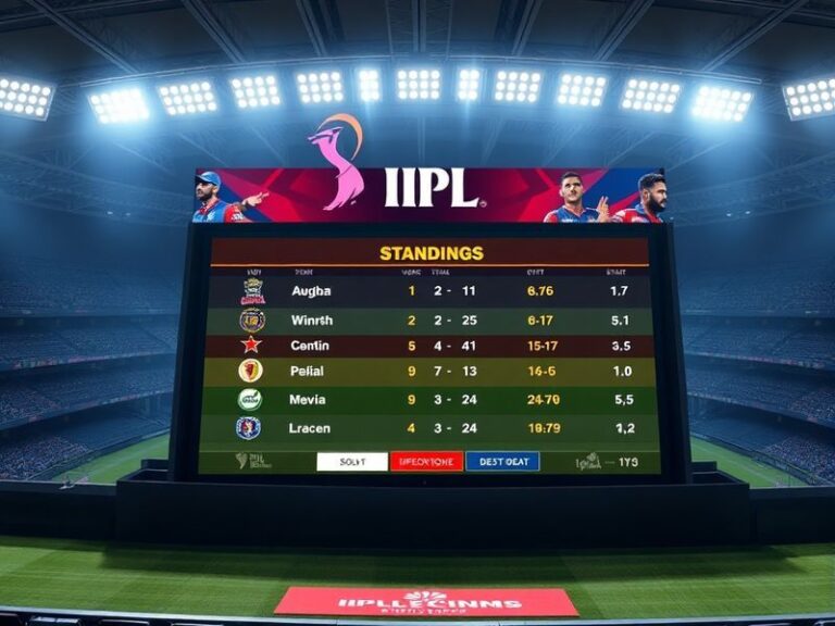 A vibrant stadium filled with cheering fans, LED scoreboards displaying IPL standings, and players celebrating on the field u