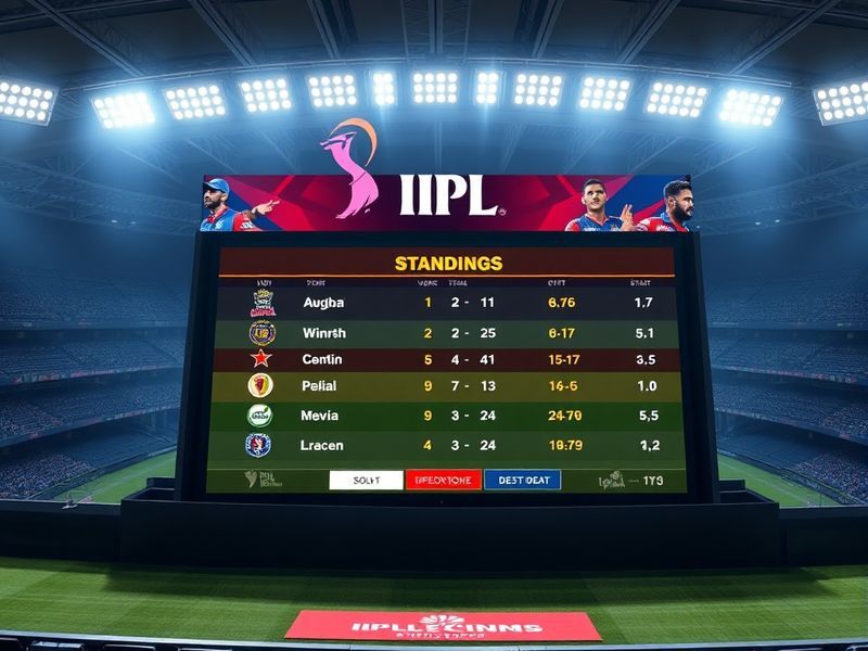 A vibrant stadium filled with cheering fans, LED scoreboards displaying IPL standings, and players celebrating on the field u