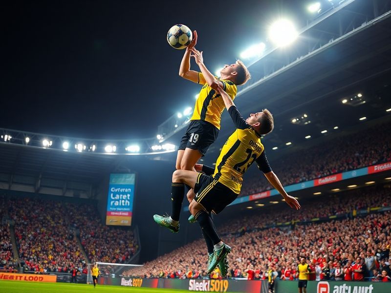 A vibrant shot of Signal Iduna Park during a Bundesliga match, with fans in yellow and black scarves creating a sea of color,