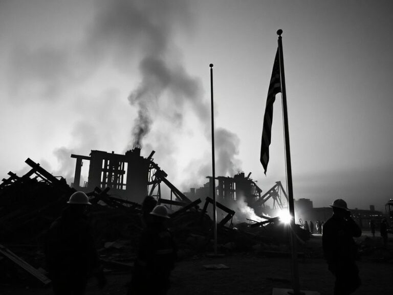 A black-and-white photograph of the Alfred P. Murrah Federal Building in ruins after the Oklahoma City bombing, with emergenc