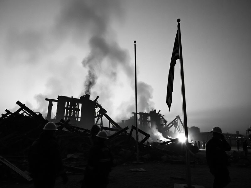 A black-and-white photograph of the Alfred P. Murrah Federal Building in ruins after the Oklahoma City bombing, with emergenc
