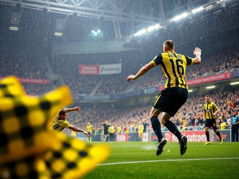A dynamic action shot from Signal Iduna Park showing Erling Haaland scoring against SC Freiburg, with Freiburg defenders scra