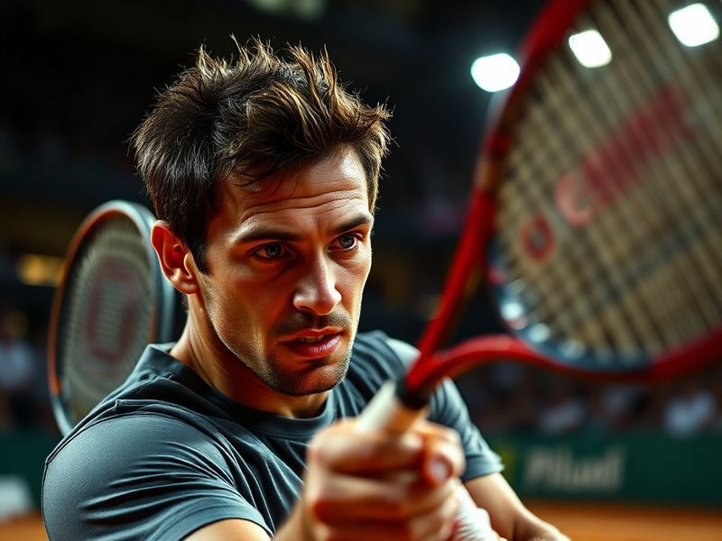 A dynamic action shot of Arthur Fils mid-match on a clay court, showcasing his powerful forehand swing with intense focus and