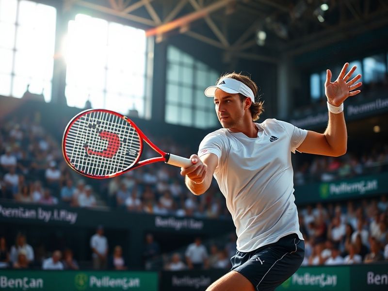 A dynamic scene of two players on a compact Nava tennis court, using smart rackets and wearing modern athletic gear. The cour