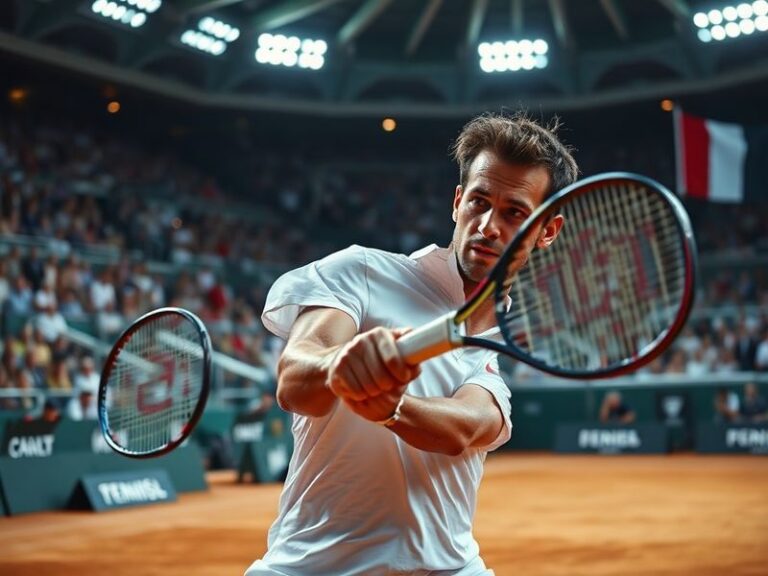 A dynamic action shot of Arthur Fils mid-serve on a clay court at Roland-Garros, wearing the French team colors, with a focus