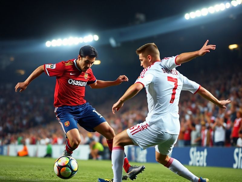 A mid-action shot from the Osasuna vs Sevilla match at El Sadar, showing players in a tight midfield battle with the stadium