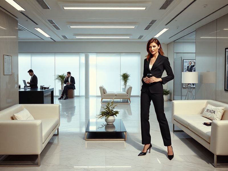 A stylish, cinematic shot of Andy Sachs in her Runway office, surrounded by fashion magazines and high-end clothing, with Mir