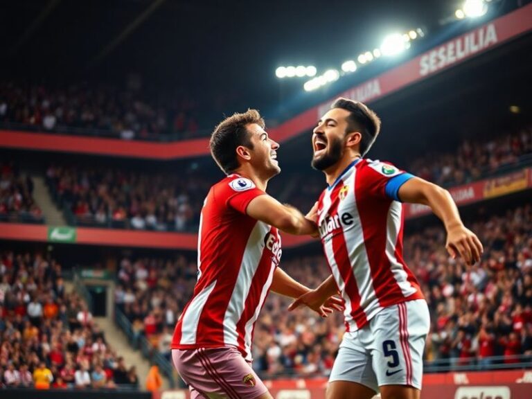 A vibrant stadium atmosphere during a match between Osasuna and Sevilla, showing passionate fans, modern architecture, and a