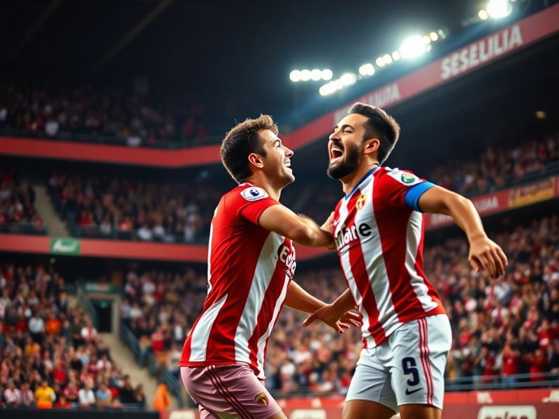 A vibrant stadium atmosphere during a match between Osasuna and Sevilla, showing passionate fans, modern architecture, and a