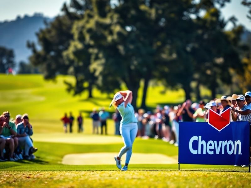 A vibrant aerial view of Wildcat Golf Club during the LPGA Chevron Championship, showing players on the putting green, specta