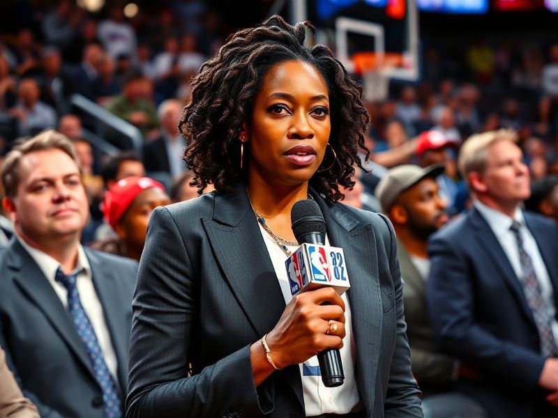 Malika Andrews sitting courtside at an NBA game, holding a microphone and wearing a headset, with a focused but approachable
