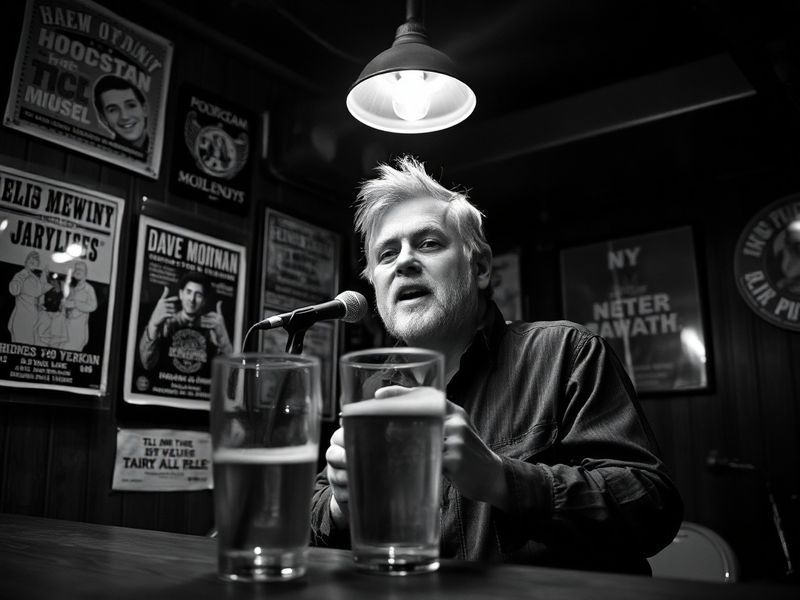 A candid photo of Dave McMenamin courtside at an NBA game, wearing a headset and holding a microphone, with a focused express