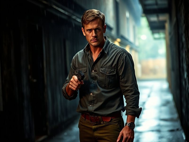 A moody cinematic shot of Alan Ritchson as Jack Reacher in a dimly lit alley, wearing a leather jacket, holding a gun, with a