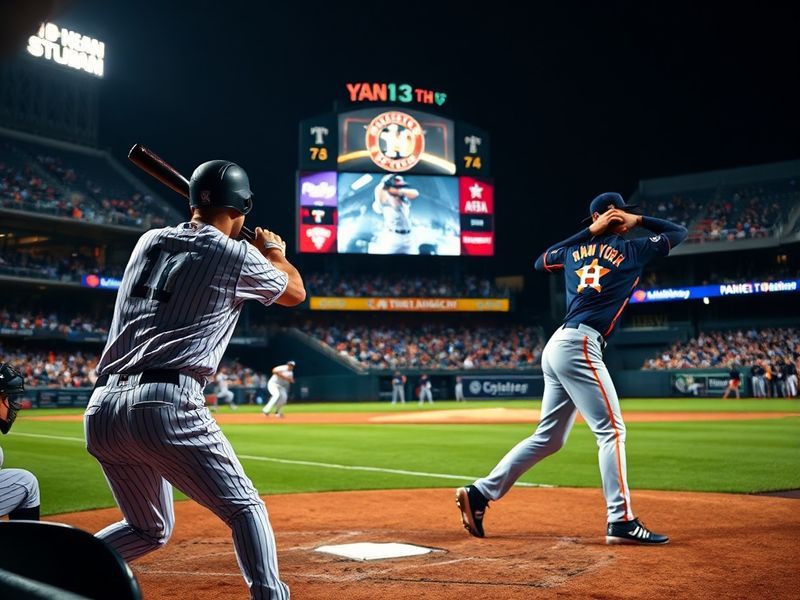 A dynamic shot of a Yankees vs Astros postseason game, featuring Aaron Judge at bat with Astros pitcher on the mound, crowd i