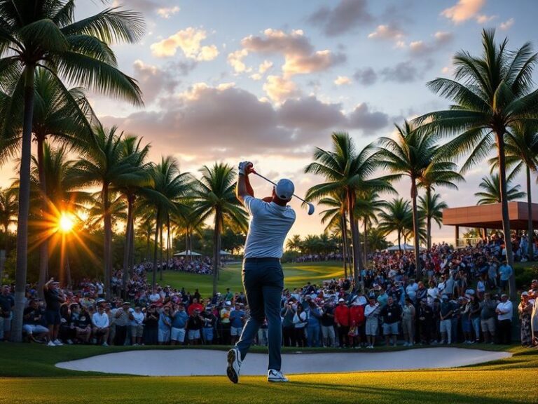 Aerial view of the Blue Monster course at Trump National Doral Miami during tournament week, showcasing lush greens, palm tre