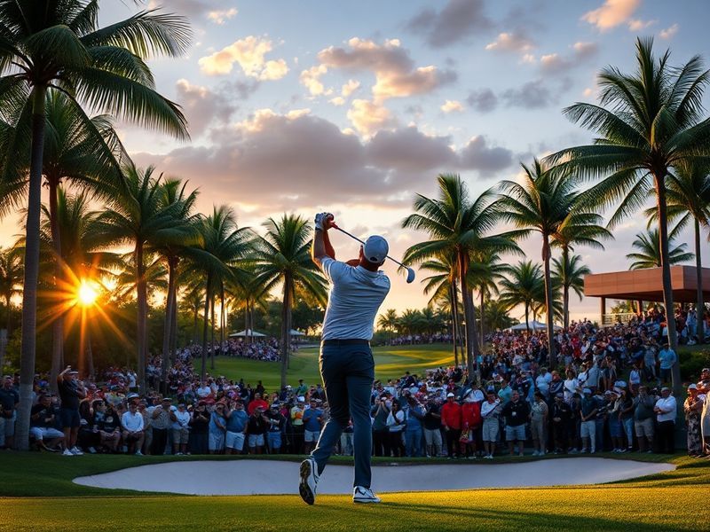 Aerial view of the Blue Monster course at Trump National Doral Miami during tournament week, showcasing lush greens, palm tre