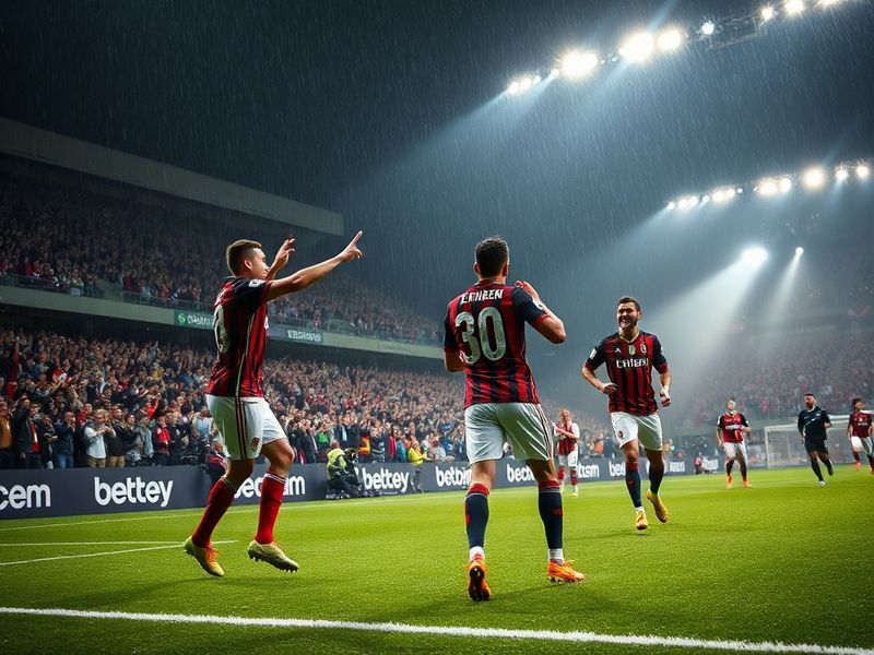 A dramatic photo of a recent AC Milan vs Juventus match at San Siro, showing players in action, the iconic red-and-black vs b