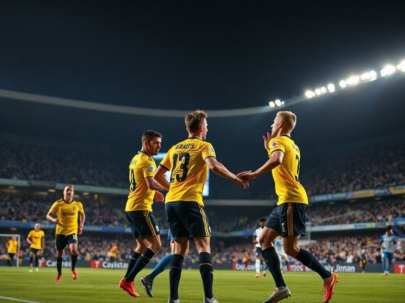 A wet La Cerámica pitch under stadium lights, Villarreal players celebrating a goal, Celta Vigo players in defensive formatio