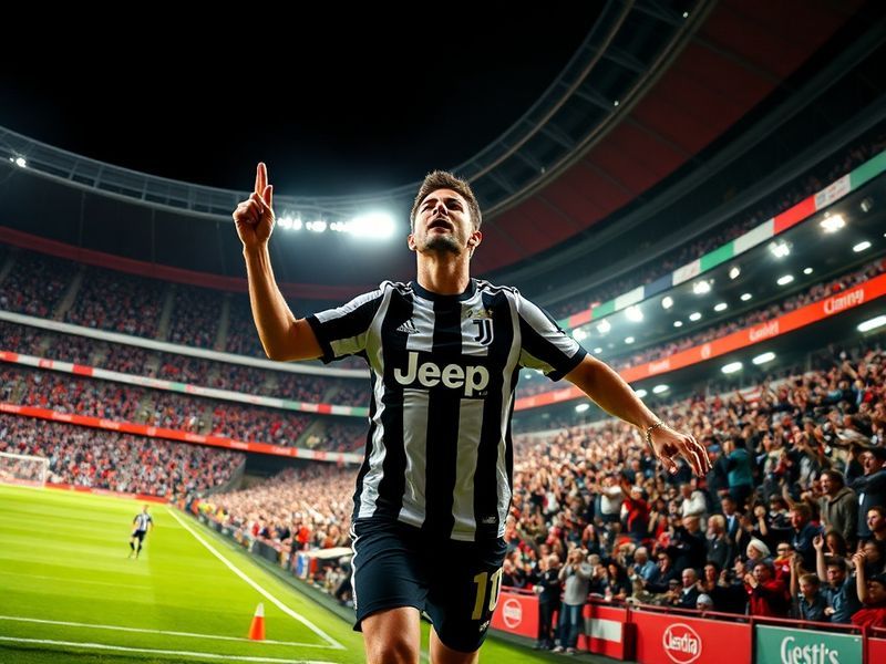 A dynamic shot of the San Siro stadium during a match between AC Milan and Juventus, showcasing the red-and-black and black-a
