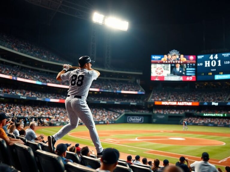 A split-screen image showing a Yankees batter at bat in the left frame and an Astros pitcher in mid-windup on the right, with