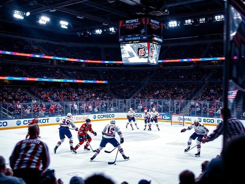 A vibrant NHL arena at night, packed with fans, featuring a glowing hockey rink with two teams mid-game. The scoreboard displ