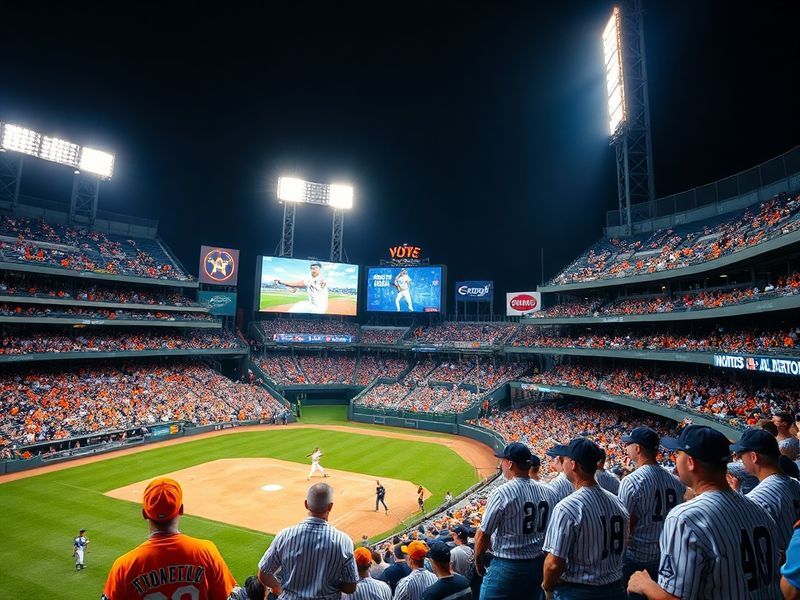 A split-screen image showing a Yankees player at bat on one side and an Astros pitcher on the mound on the other, with a base