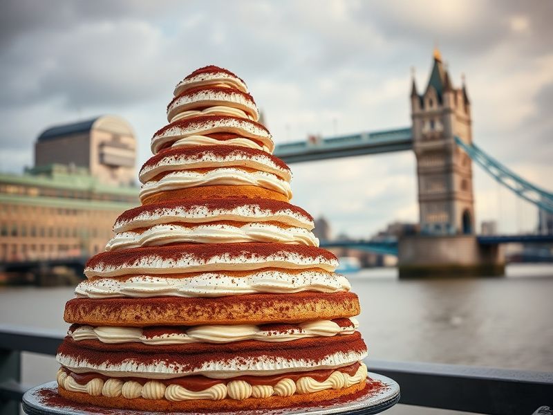 A massive tiramisu cake towering over a bustling event space in London, with chefs and volunteers working around it. The dess