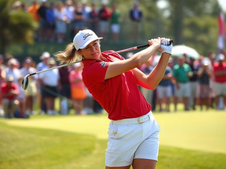 Lexi Thompson mid-swing on a lush green golf course, wearing a Titleist cap and a focused expression, with sunlight casting d
