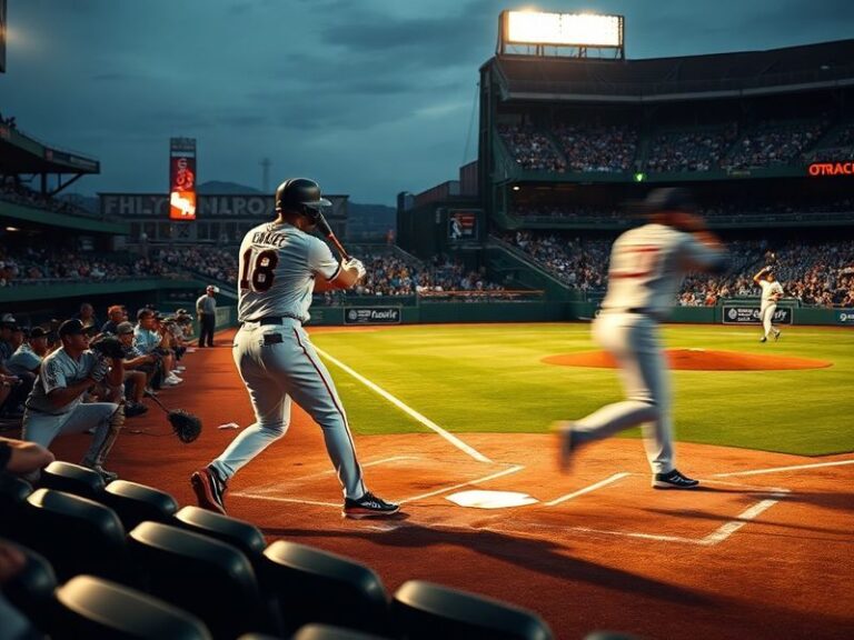 A dynamic action shot of a Marlins batter swinging against a Giants pitcher at Oracle Park, with Miami's teal uniforms contra
