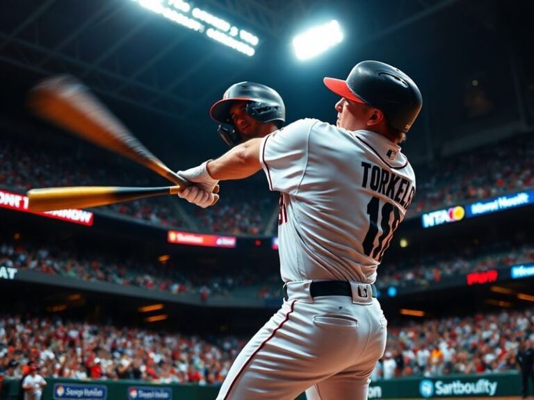A dynamic action shot of Spencer Torkelson mid-swing at Comerica Park, wearing his Tigers uniform with blurred stadium lights