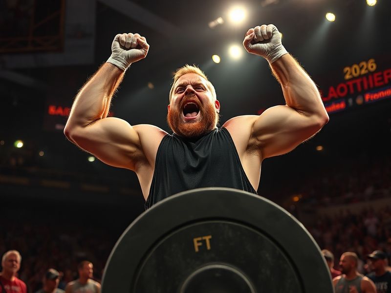 A powerful action shot of Tom Stoltman mid-lift during a training session, with visible strain on his face, chalk-covered han