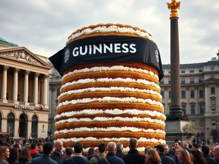 A vibrant image of the massive tiramisu cake at ExCeL London, with layers of mascarpone and ladyfingers, surrounded by chefs
