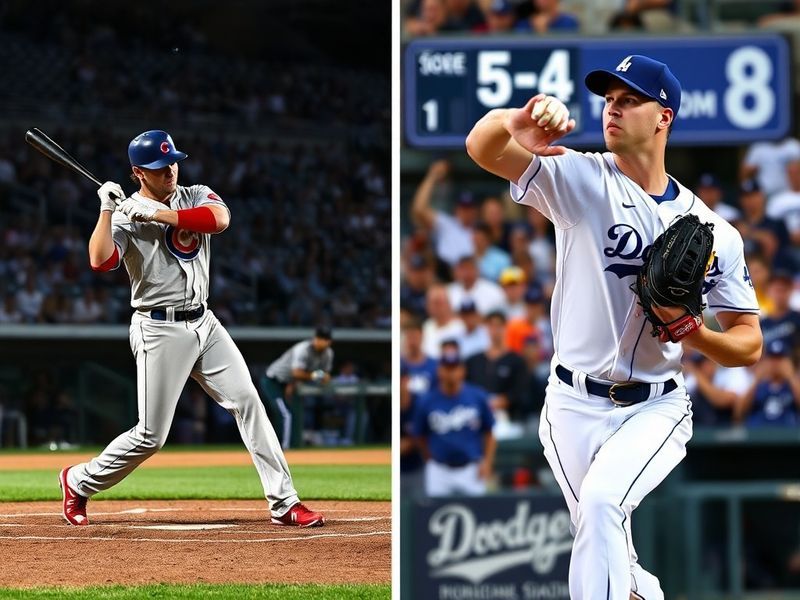 A split-image scene: Left side shows a packed Wrigley Field under golden sunset with Cubs fans waving flags; right side shows